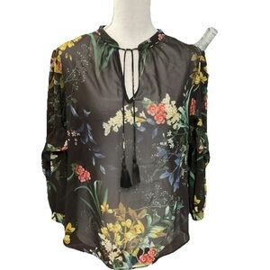 Chico's Multicolor Sheer Floral Blouse Long Flounce Sleeve Keyhole Tassel 0/US 4